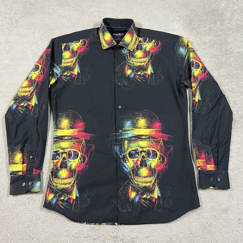 Maceoo Shirt Mens 2/Small Skull Hat Print Button Up Long Sleeve